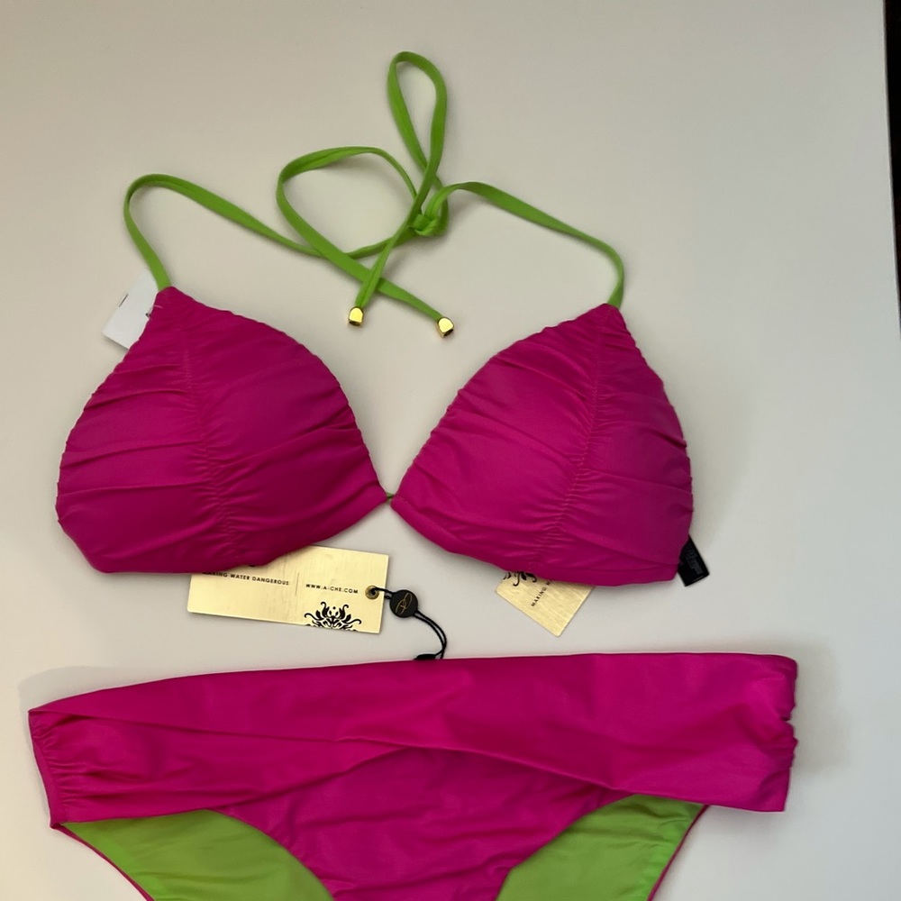 A.Che Pink and Lime Green Triangle Bikini